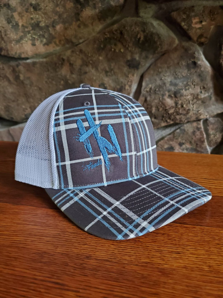 HN Feeds Charcoal/Columbia Blue Plaid Cap