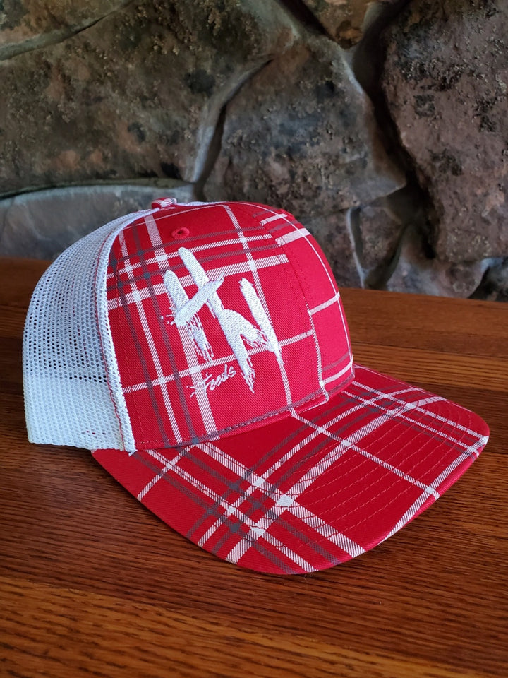 HN Feeds Red and Charcoal Grey Plaid Cap